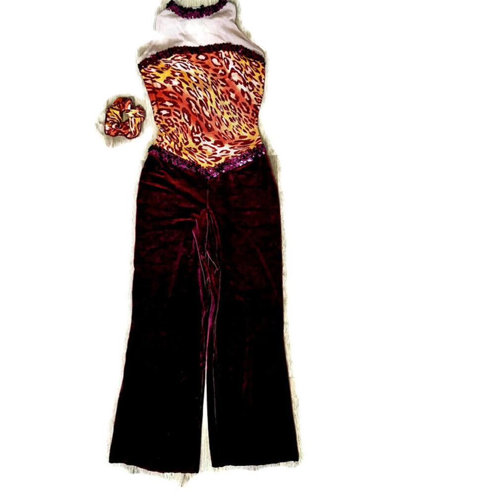 Velvet Sequined Leopard Dance Halloween Costume Jumpsuit Disco Adult